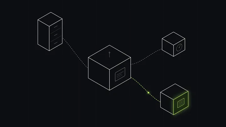 An isometric agent console wired to three tool devices, with only one cable and one tool glowing lime as the active call
