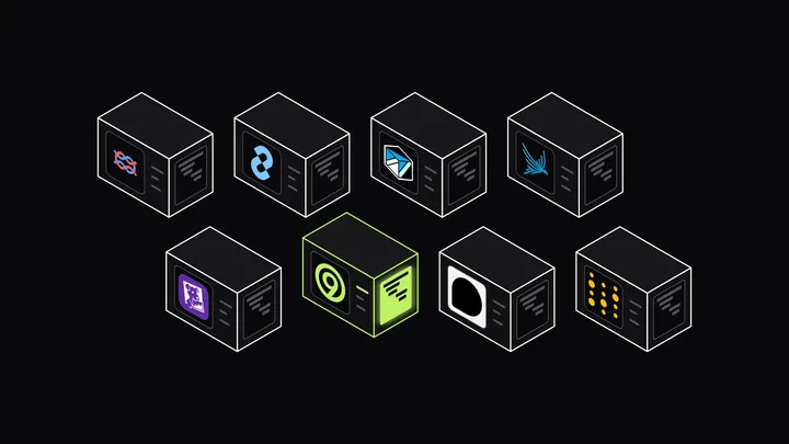 Eight low isometric consoles in two rows, each with an AI observability vendor logo and a trace waterfall screen: Langfuse, LangSmith, Helicone, Arize Phoenix, Datadog, Last9, Braintrust and W&B Weave, with only the Last9 console raised and its screen glowing lime
