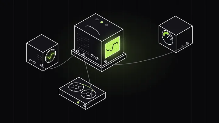 Isometric line art of an oscilloscope, an analog meter, and a reel-to-reel tape deck all cabled into a central console with a lime-glowing waveform screen, showing one AI system watched through several observability signals at once