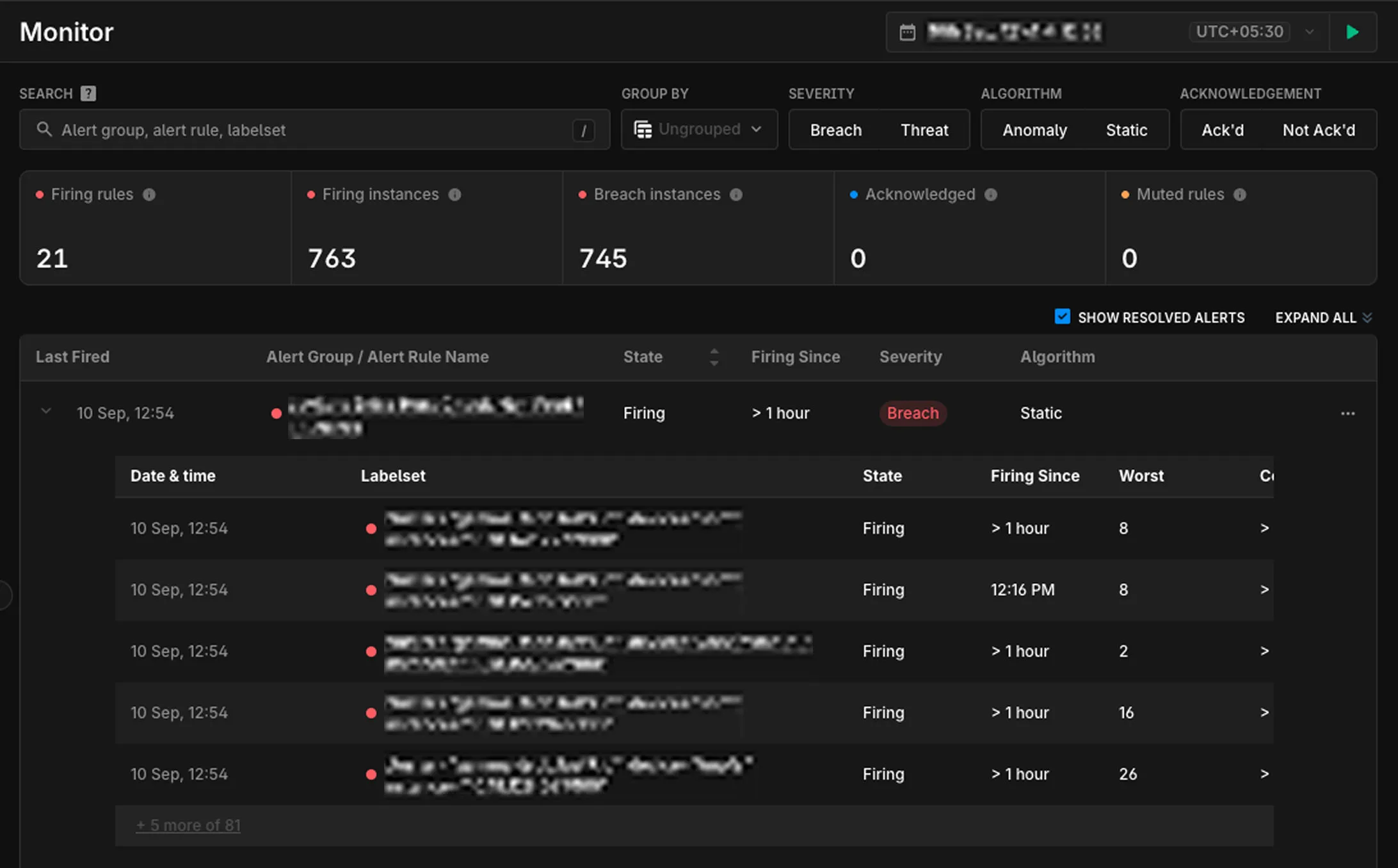 The Alert Monitor summary cards, counting firing rules, firing instances, breach instances, acknowledged alerts, and muted rules