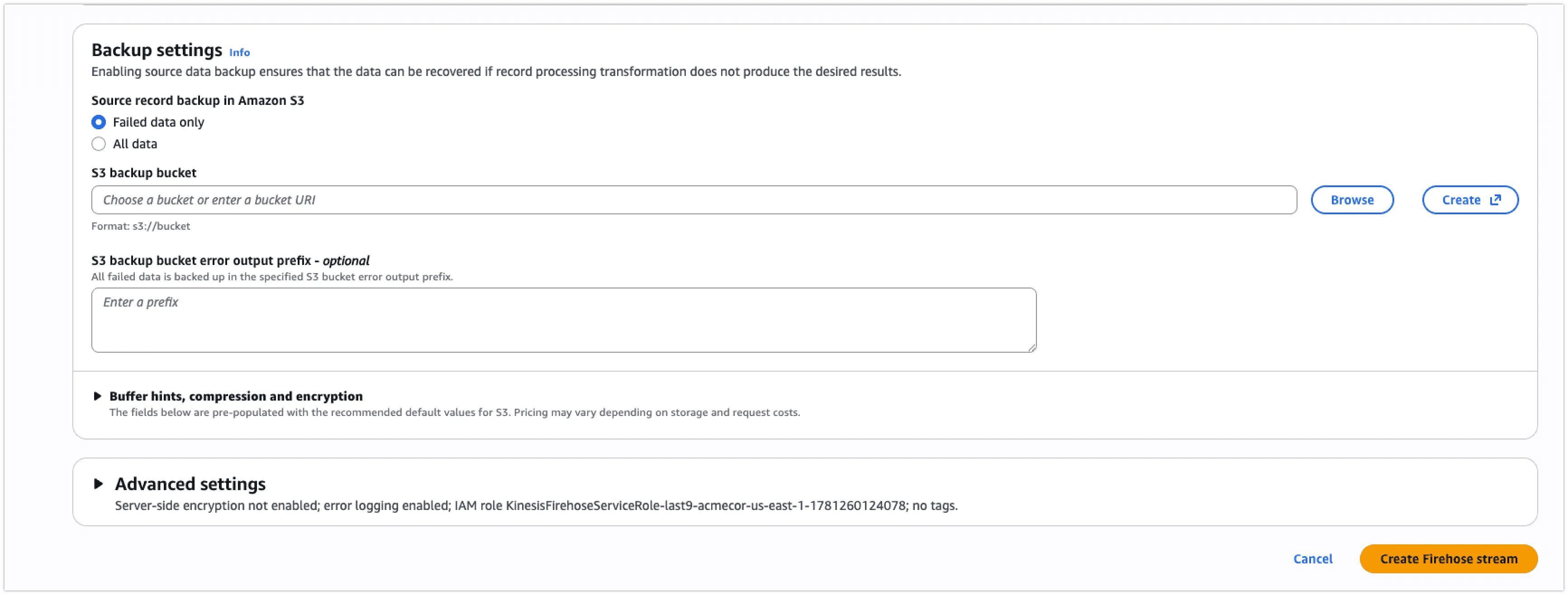 Configure Firehose backup settings for failed data