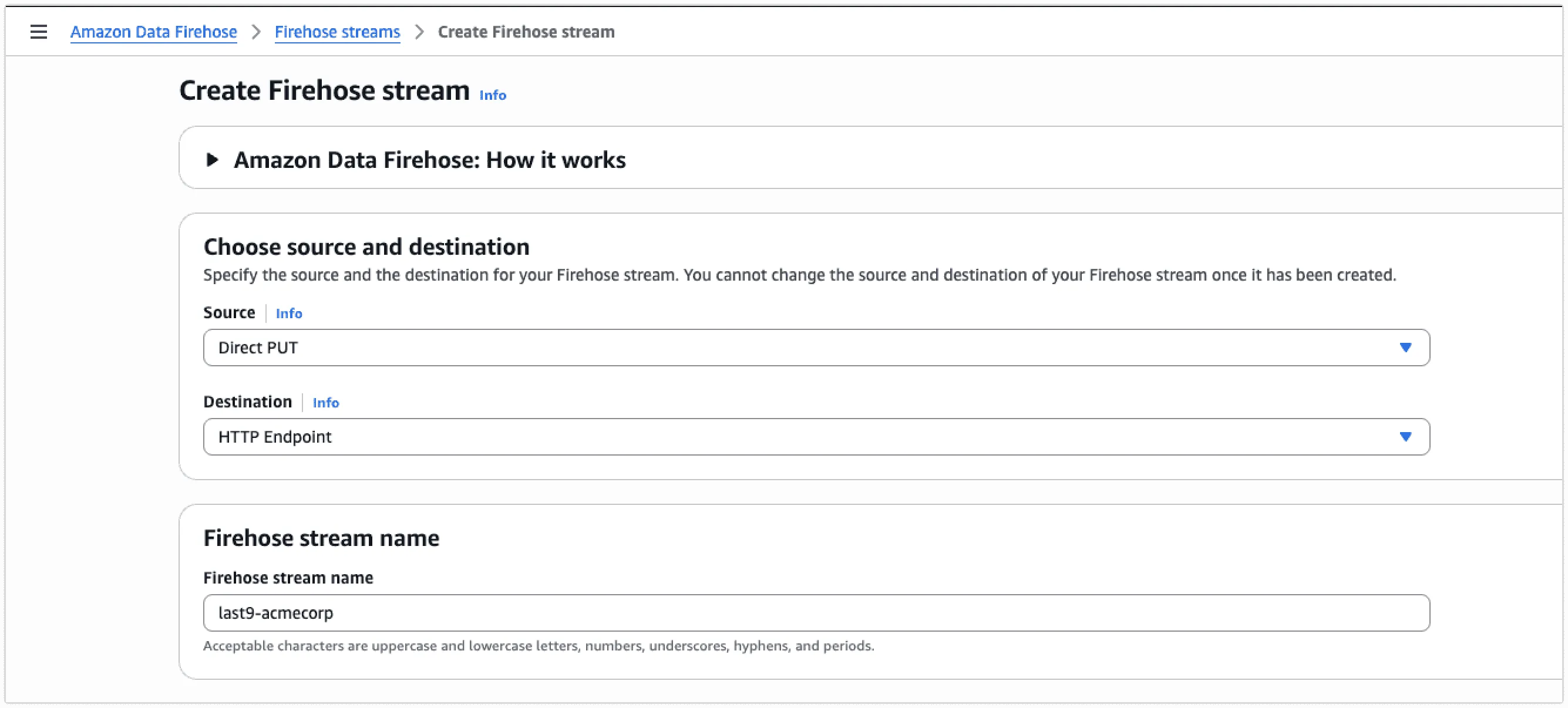 Create Firehose stream with Direct PUT and HTTP endpoint