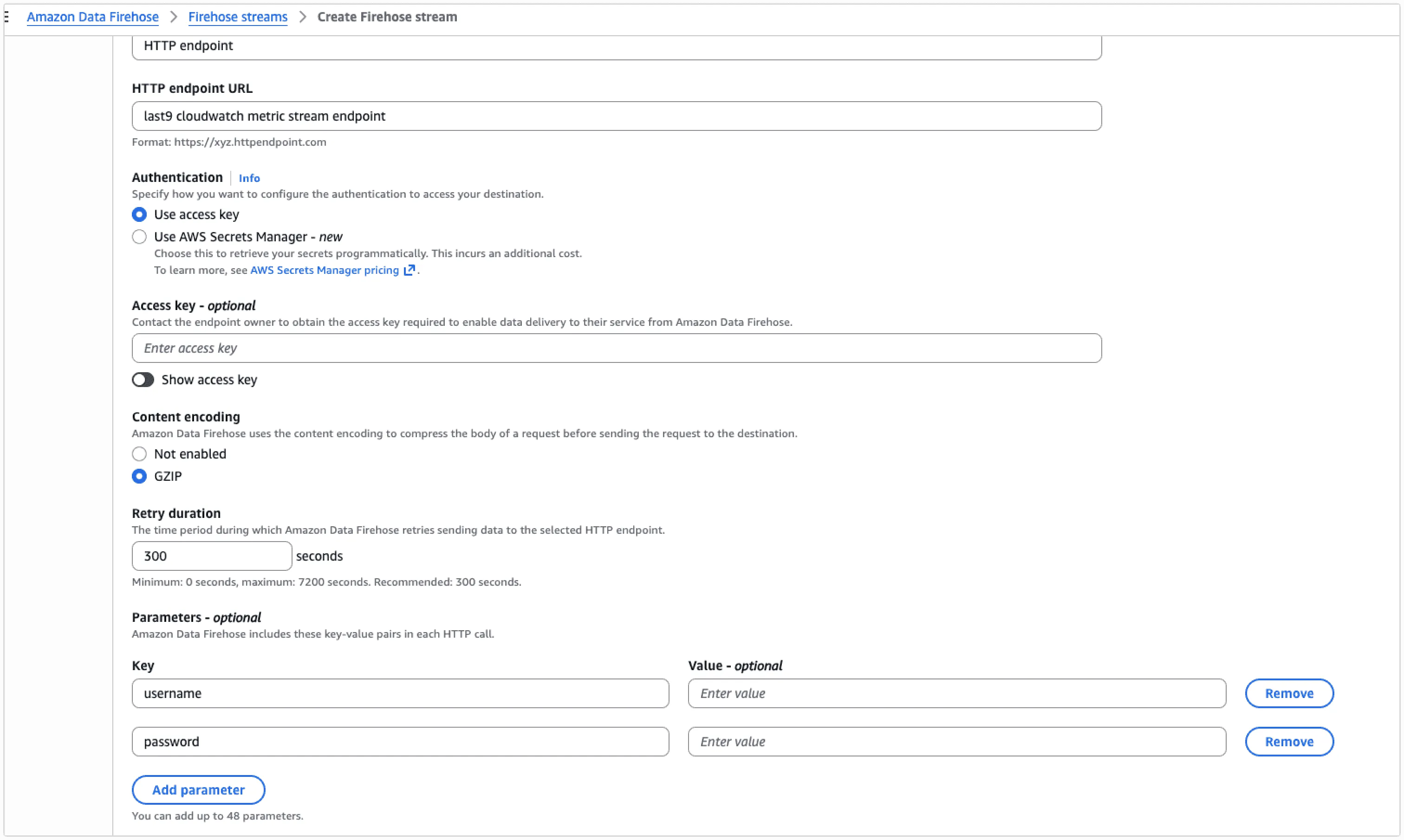 Configure Firehose HTTP endpoint authentication and parameters