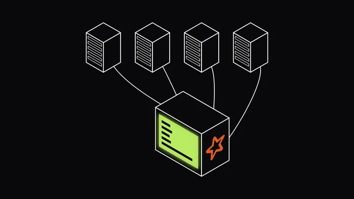 Isometric line drawing of four executor units cabled into one monitor whose lime screen shows a task timeline with one bar running far longer than the rest, with the Apache Spark star on its side