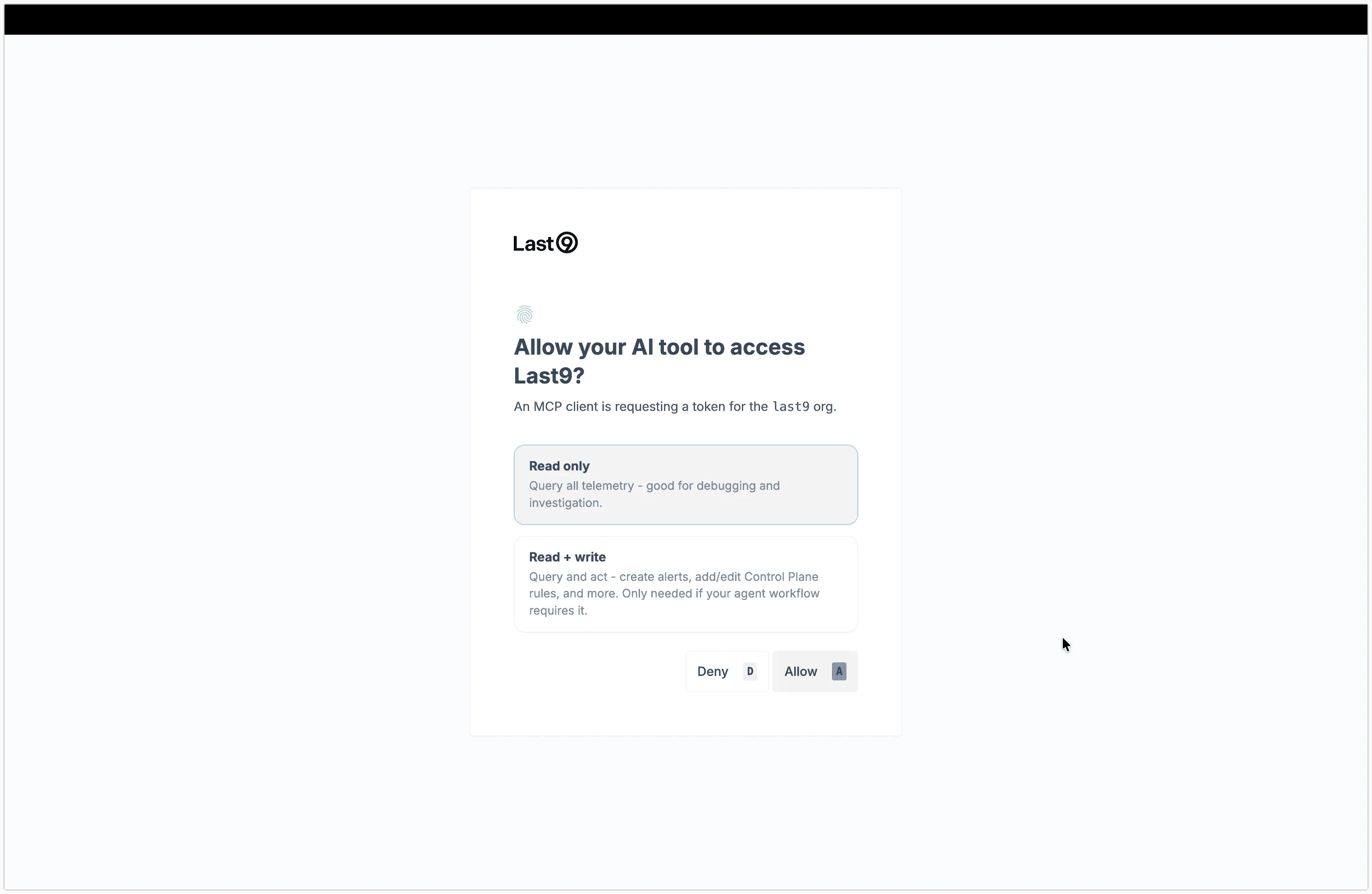 Last9 OAuth consent screen — Allow your AI tool to access Last9 with Read only and Read + write scope options