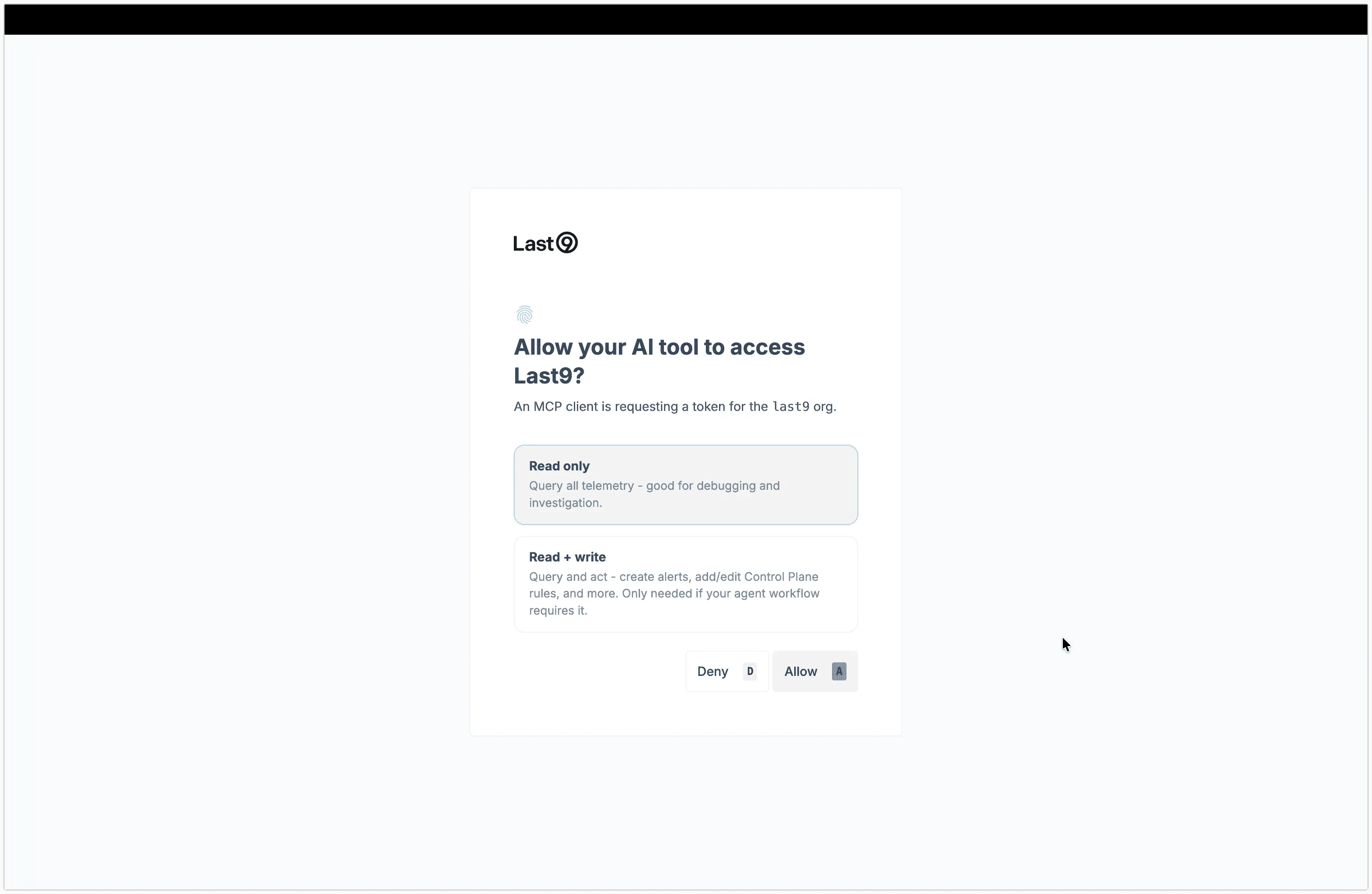 Last9 OAuth consent screen — Allow your AI tool to access Last9 with Read only and Read + write scope options