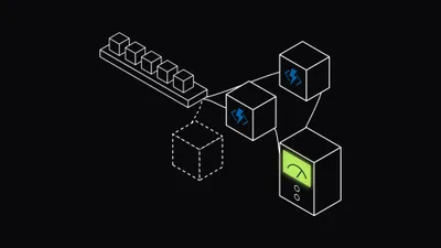 Isometric line drawing of a conveyor of message cubes feeding three function units, one still starting up in dashed outline, with the two running units marked with the Azure Functions logo and cabled to a meter whose lime screen shows a needle gauge