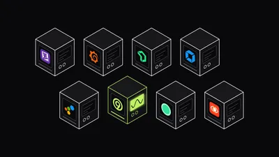Eight isometric instrument modules in two rows, each with a vendor logo on its front face: Datadog, Grafana, New Relic, Dynatrace, Honeycomb, Last9, Coralogix and SigNoz, with only the Last9 module raised and its screen glowing lime