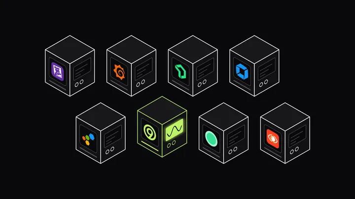 Eight isometric instrument modules in two rows, each with a vendor logo on its front face: Datadog, Grafana, New Relic, Dynatrace, Honeycomb, Last9, Coralogix and SigNoz, with only the Last9 module raised and its screen glowing lime