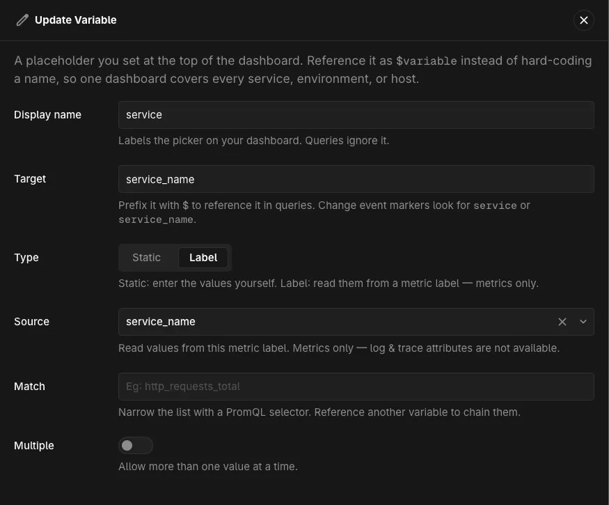 Dashboard variable configured for change events
