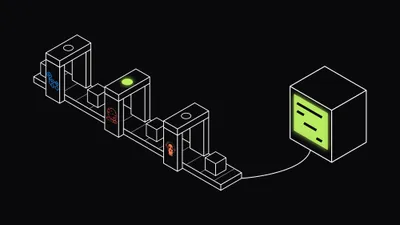 Isometric line drawing of a conveyor belt carrying package cubes through three gate frames marked with the GitHub Actions, Jenkins and Argo logos, the middle gate's lamp glowing lime, with a cable from the end of the belt to a monitor whose lime screen shows stacked timeline bars