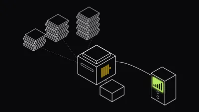Stacks of thin data parts feeding a merge press marked with the ClickHouse logo that outputs one solid block, cabled to a meter whose lime screen shows rising bars, standing for part counts being watched