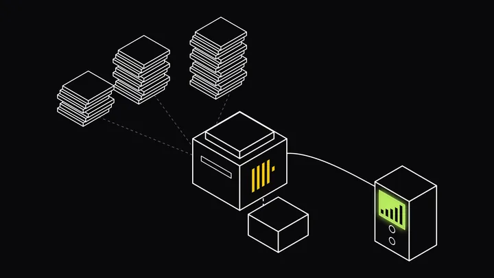 Stacks of thin data parts feeding a merge press marked with the ClickHouse logo that outputs one solid block, cabled to a meter whose lime screen shows rising bars, standing for part counts being watched