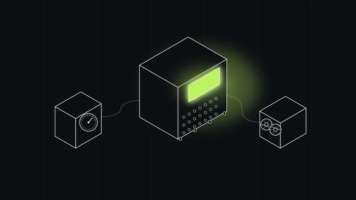 An isometric line drawing: a small analog meter and a reel-to-reel tape recorder, one on each side, are wired by cables into a central mechanical adding machine whose display glows lime.