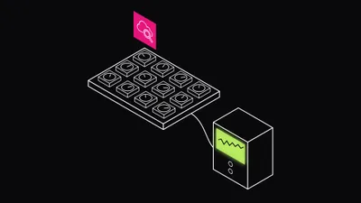 An isometric line drawing: the Amazon CloudWatch mark above a panel of twelve small gauge dials, with one cable running to a monitor whose screen glows lime with a rising line.