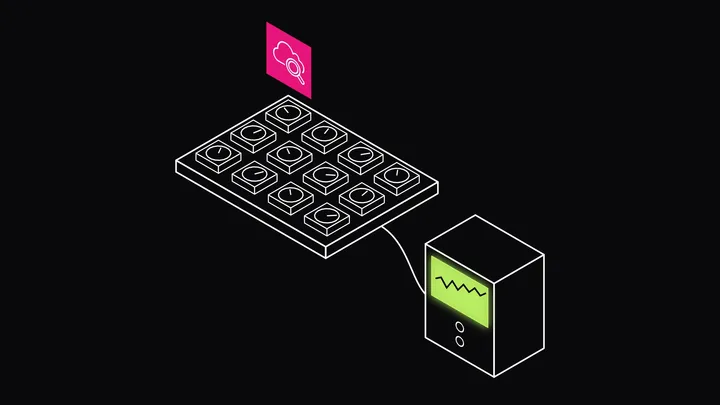 An isometric line drawing: the Amazon CloudWatch mark above a panel of twelve small gauge dials, with one cable running to a monitor whose screen glows lime with a rising line.
