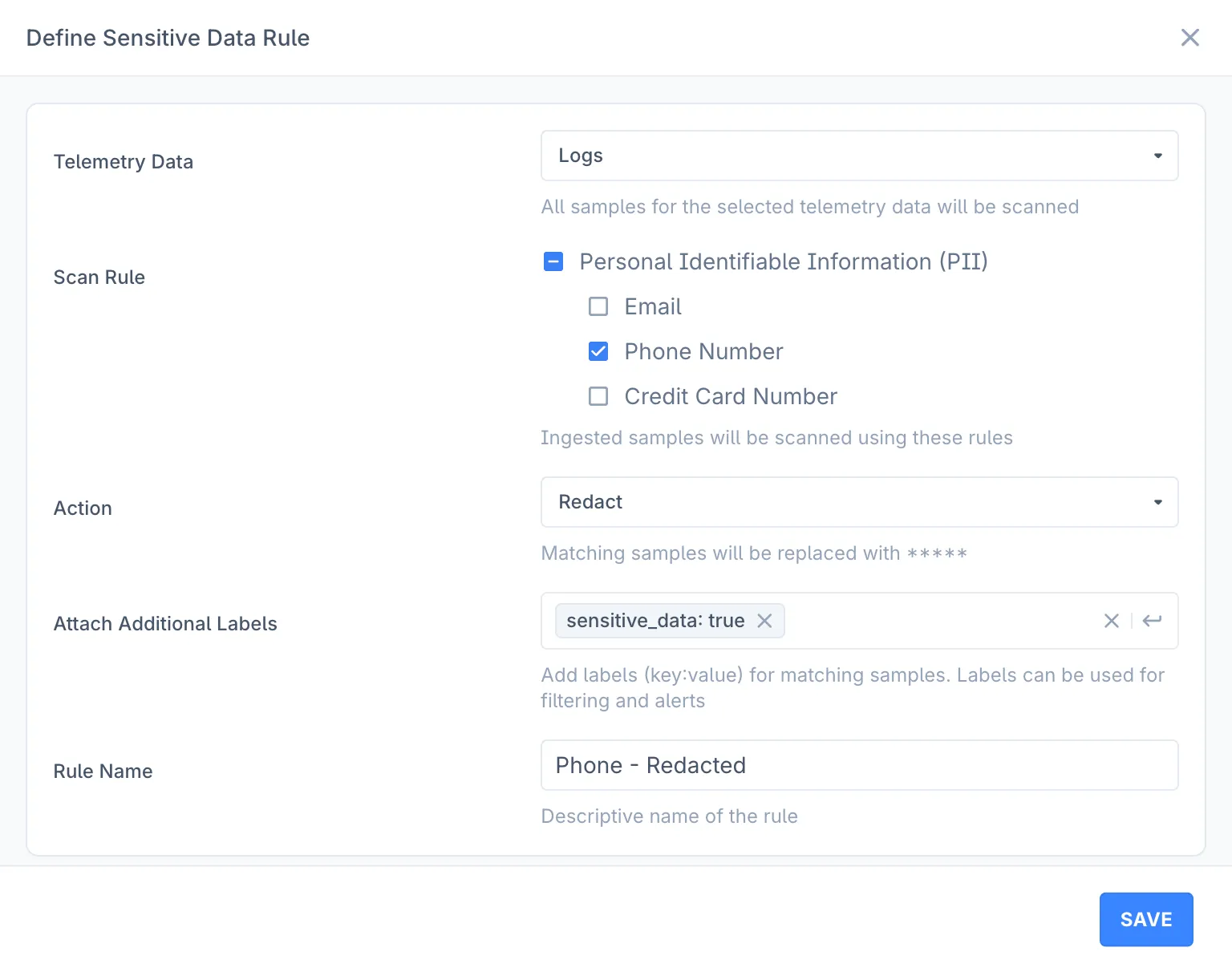 Control Plane — New Sensitive Data Rule