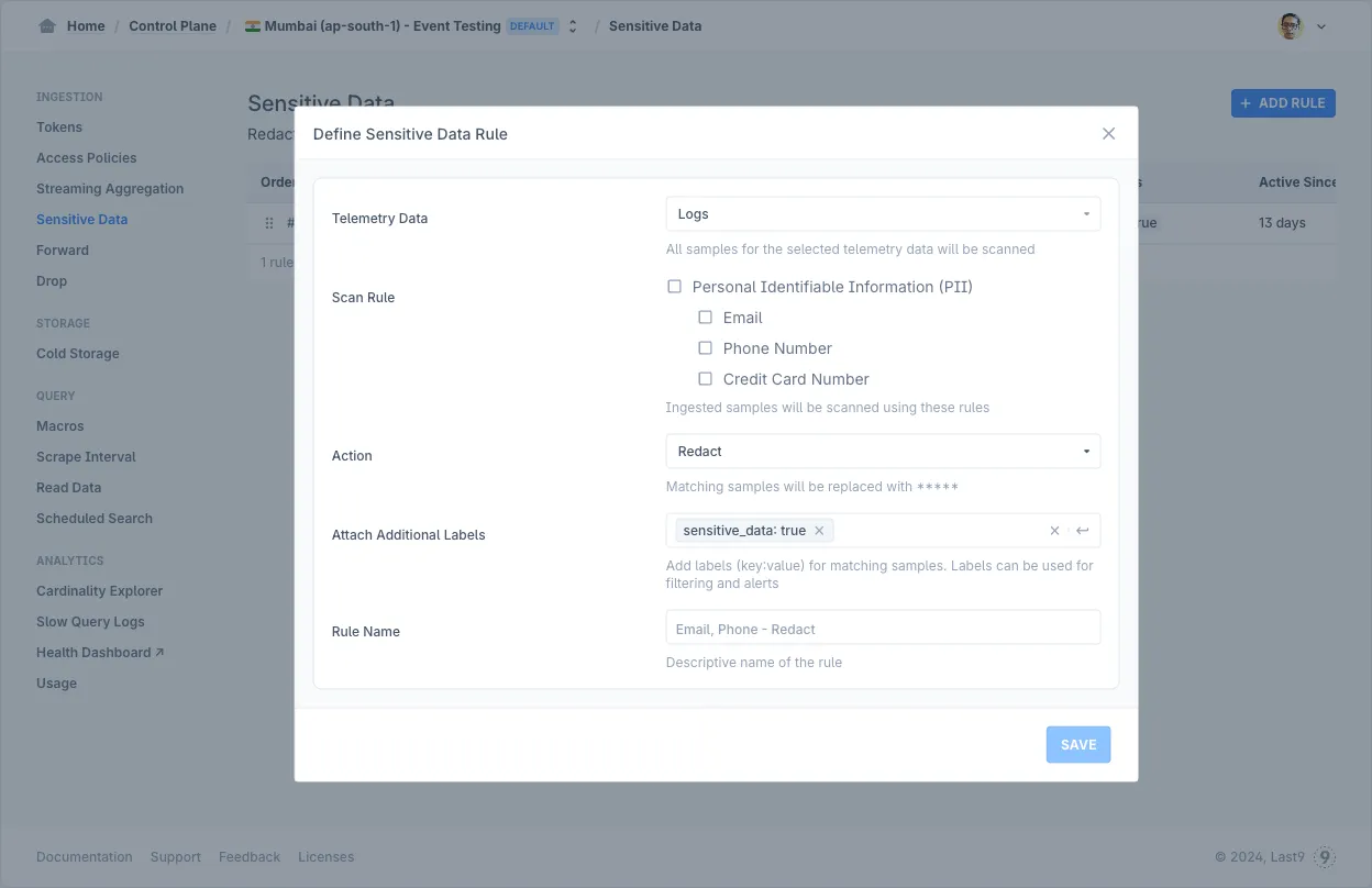 Control Plane — New Sensitive Data Rule