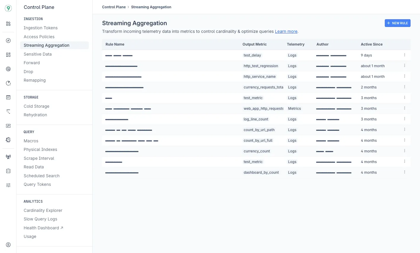 Control Plane — Streaming Aggregation