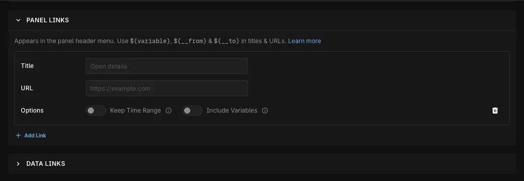 Panel Links and Data Links in the panel editor