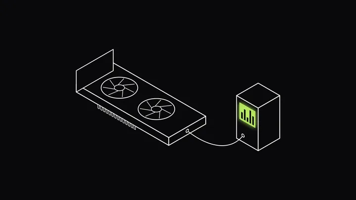 Isometric line drawing of a graphics card with two fans, cabled to a small standing meter whose lime screen shows a bar readout