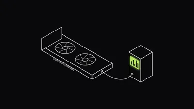 Isometric line drawing of a graphics card with two fans, cabled to a small standing meter whose lime screen shows a bar readout