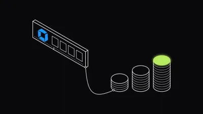 An isometric line drawing of a computer memory module marked with the Dynatrace logo, cabled to three coin stacks that rise in height from left to right, with only the top coin of the tallest stack lit in lime, standing for a monitoring bill that grows with host memory