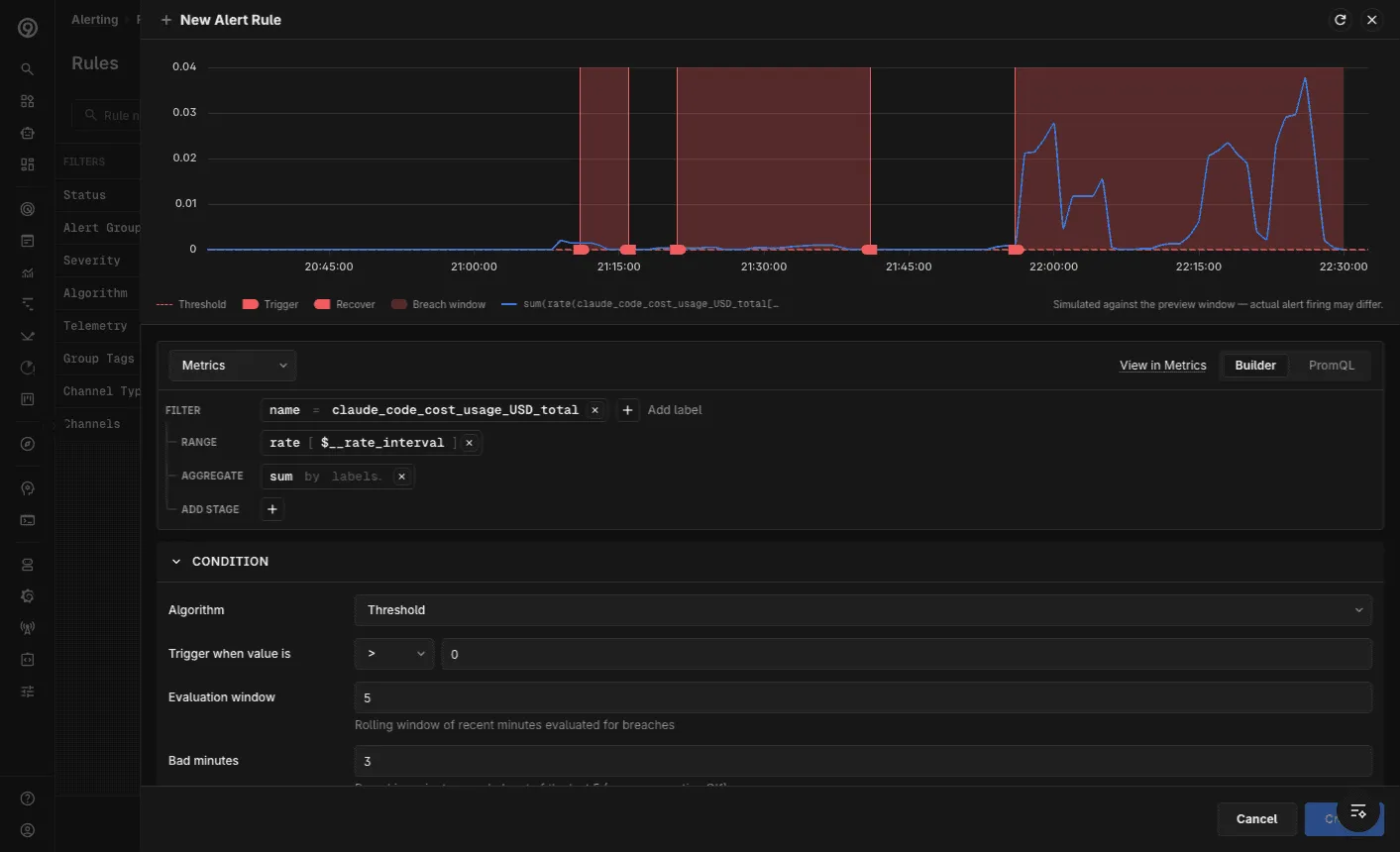 Metrics rule in Builder mode