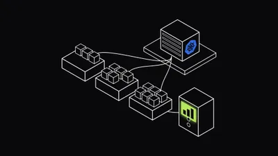 Isometric line drawing of a control plane unit with the Kubernetes mark, cabled to three worker node trays holding pod cubes, the last one full, wired to a meter whose lime screen shows three rising bars