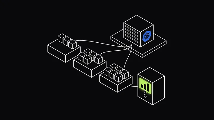 Isometric line drawing of a control plane unit with the Kubernetes mark, cabled to three worker node trays holding pod cubes, the last one full, wired to a meter whose lime screen shows three rising bars