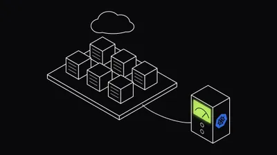 Isometric line drawing of a cloud above a node platform holding six container cubes, cabled to a meter whose lime screen shows a needle gauge, with the Kubernetes wheel on its side