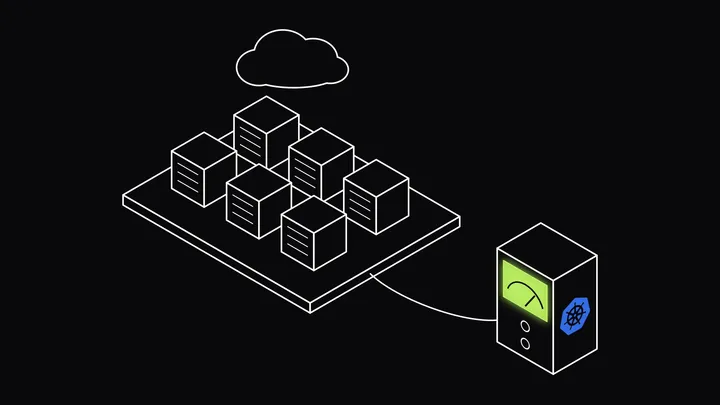 Isometric line drawing of a cloud above a node platform holding six container cubes, cabled to a meter whose lime screen shows a needle gauge, with the Kubernetes wheel on its side