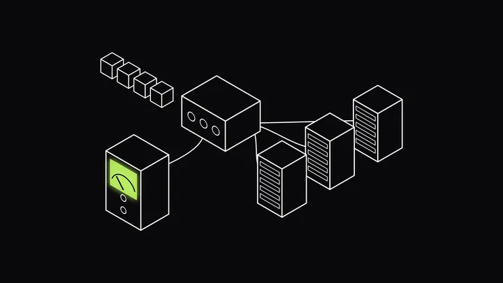 Isometric line drawing of a short queue of request cubes waiting at a load balancer box, cabled to three server racks and to a meter whose lime screen shows a needle gauge