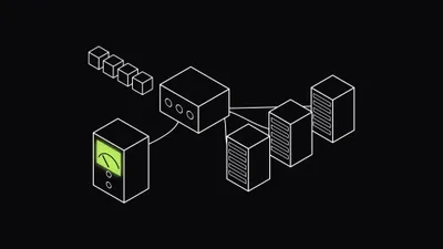 Isometric line drawing of a short queue of request cubes waiting at a load balancer box, cabled to three server racks and to a meter whose lime screen shows a needle gauge