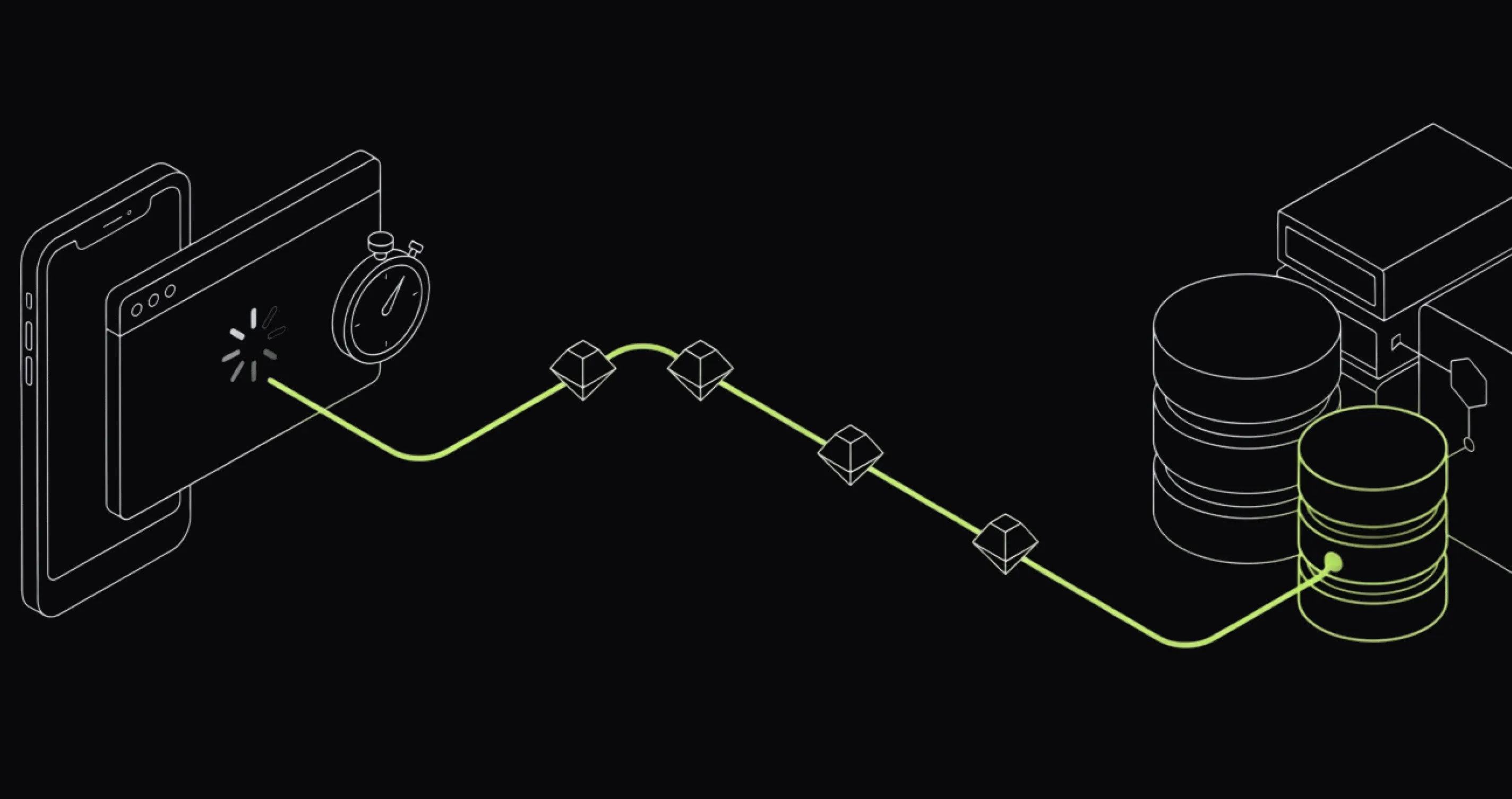 Isometric illustration of a user's screen on the left linked through a single trace to the backend database on the right