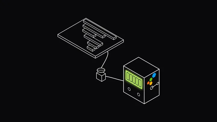 An isometric line drawing of a board holding staggered slabs like the spans of a trace waterfall, piped through a valve with a hand wheel into a mechanical counter that carries the Honeycomb logo and whose five digit windows glow lime, standing for spans counted as billable events with sampling controlling the flow