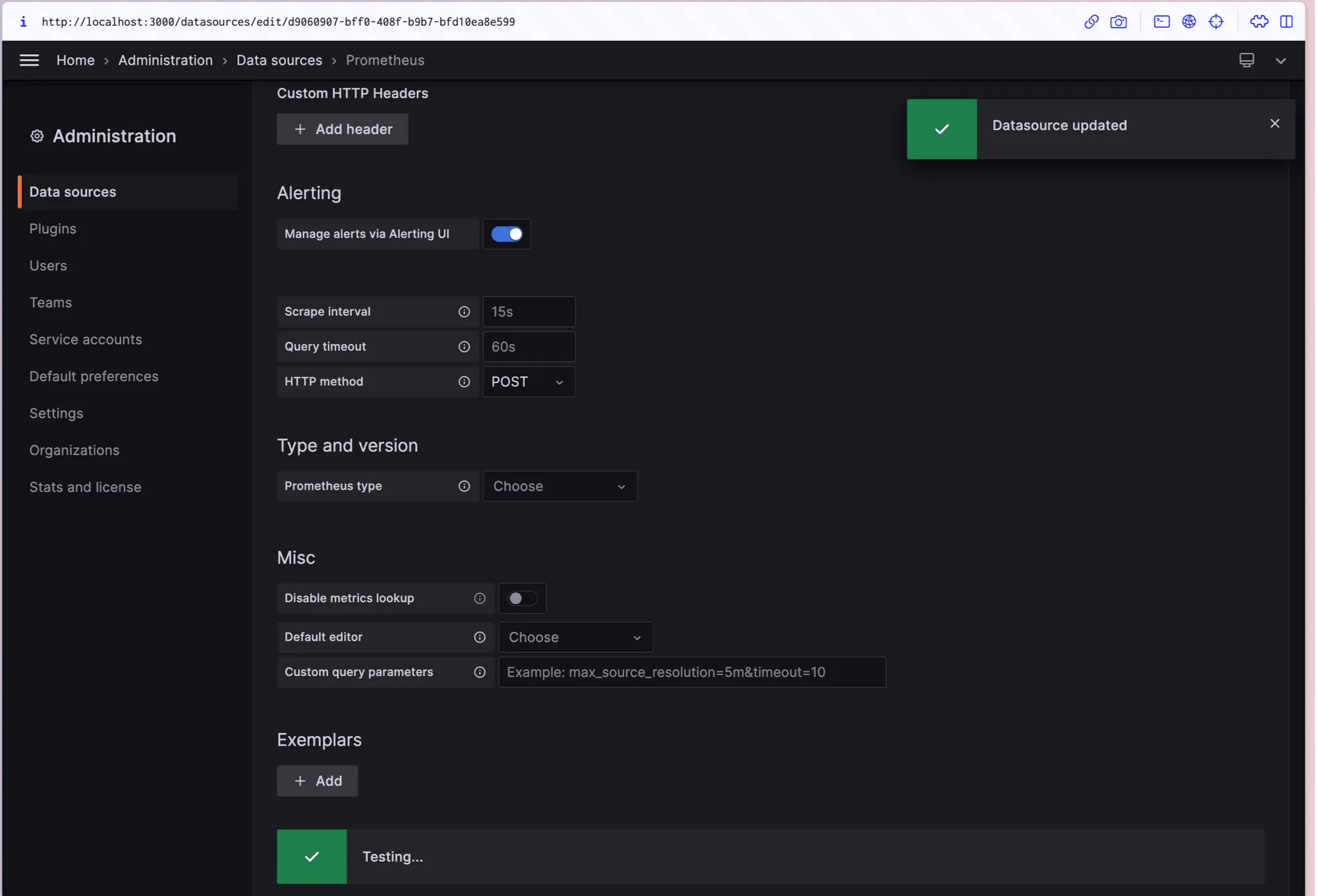 Confirmation that Prometheus Source is working fine in Grafana