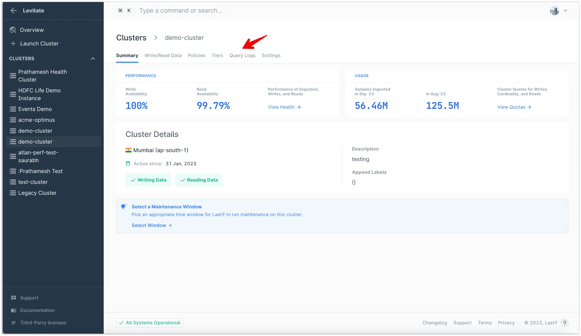 Query Logs for a Levitate Cluster