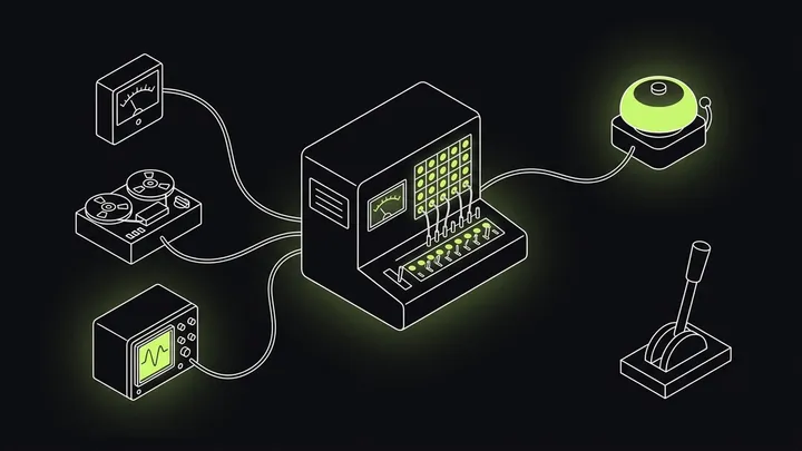 An isometric line drawing: a needle meter, a tape deck and an oscilloscope are wired into a central switchboard console, one cable leaves it to ring a single glowing alarm bell, and a lever stands apart on its own plinth, connected to nothing