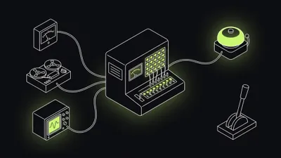 An isometric line drawing: a needle meter, a tape deck and an oscilloscope are wired into a central switchboard console, one cable leaves it to ring a single glowing alarm bell, and a lever stands apart on its own plinth, connected to nothing
