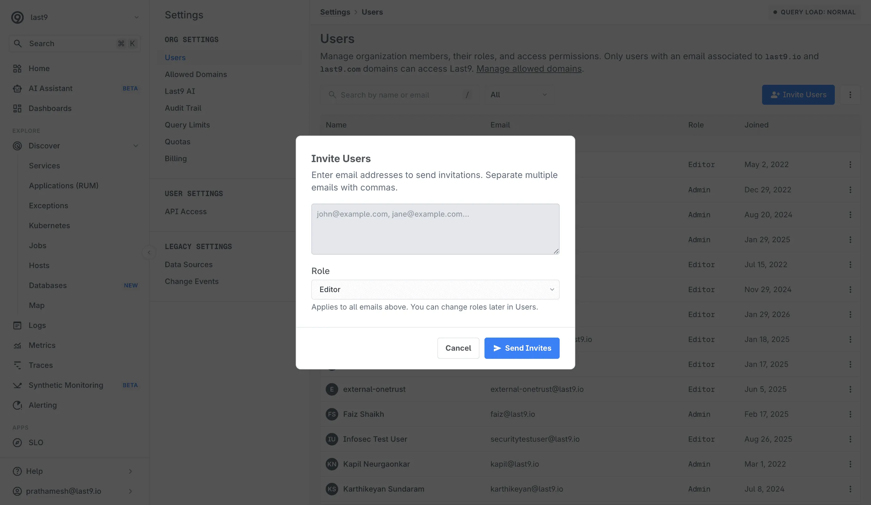 Invite Users dialog with role selection