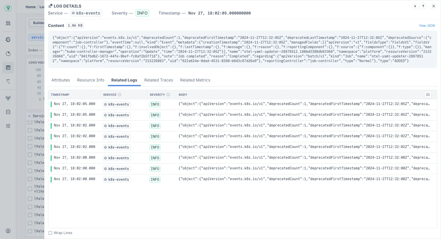 Log Details side panel with Related Logs tab