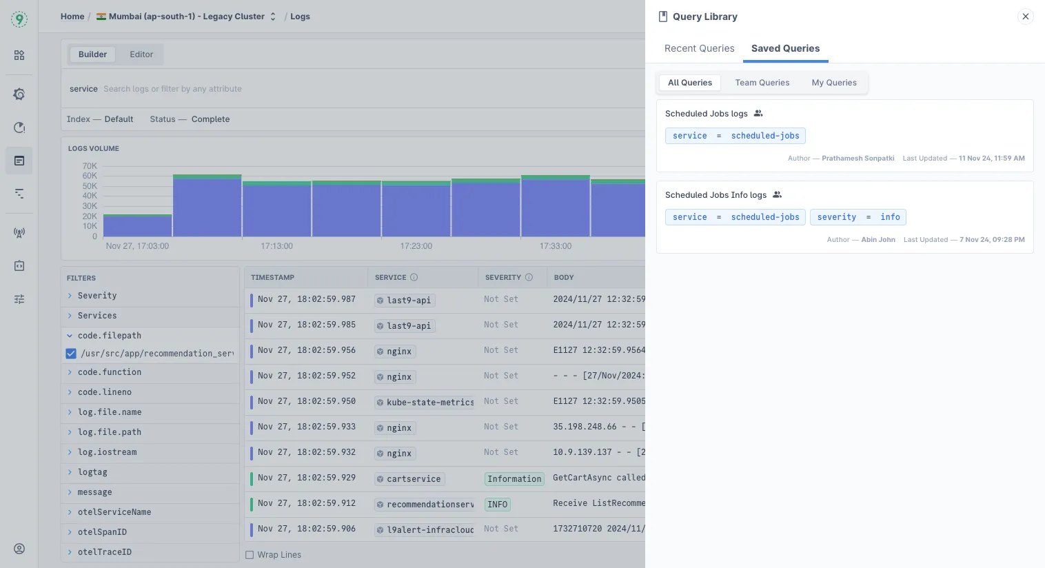 Query Library side panel with recent and saved queries