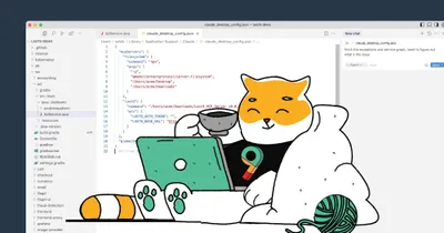 Last9 MCP Server feature image showing Claude Desktop configuration with illustrated developer cat mascot