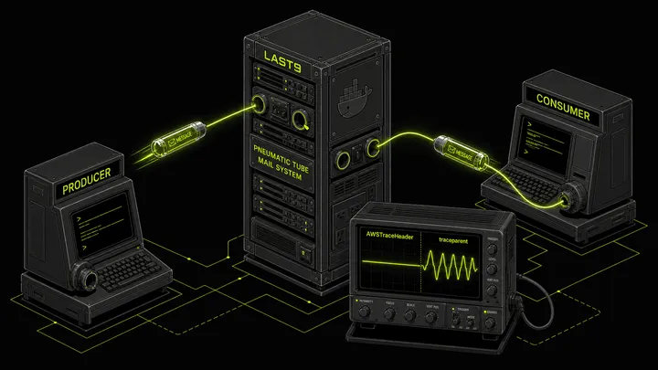 Isometric retro diagram showing SQS message propagation from producer to consumer via LocalStack, with oscilloscope showing AWSTraceHeader vs traceparent OpenTelemetry trace context