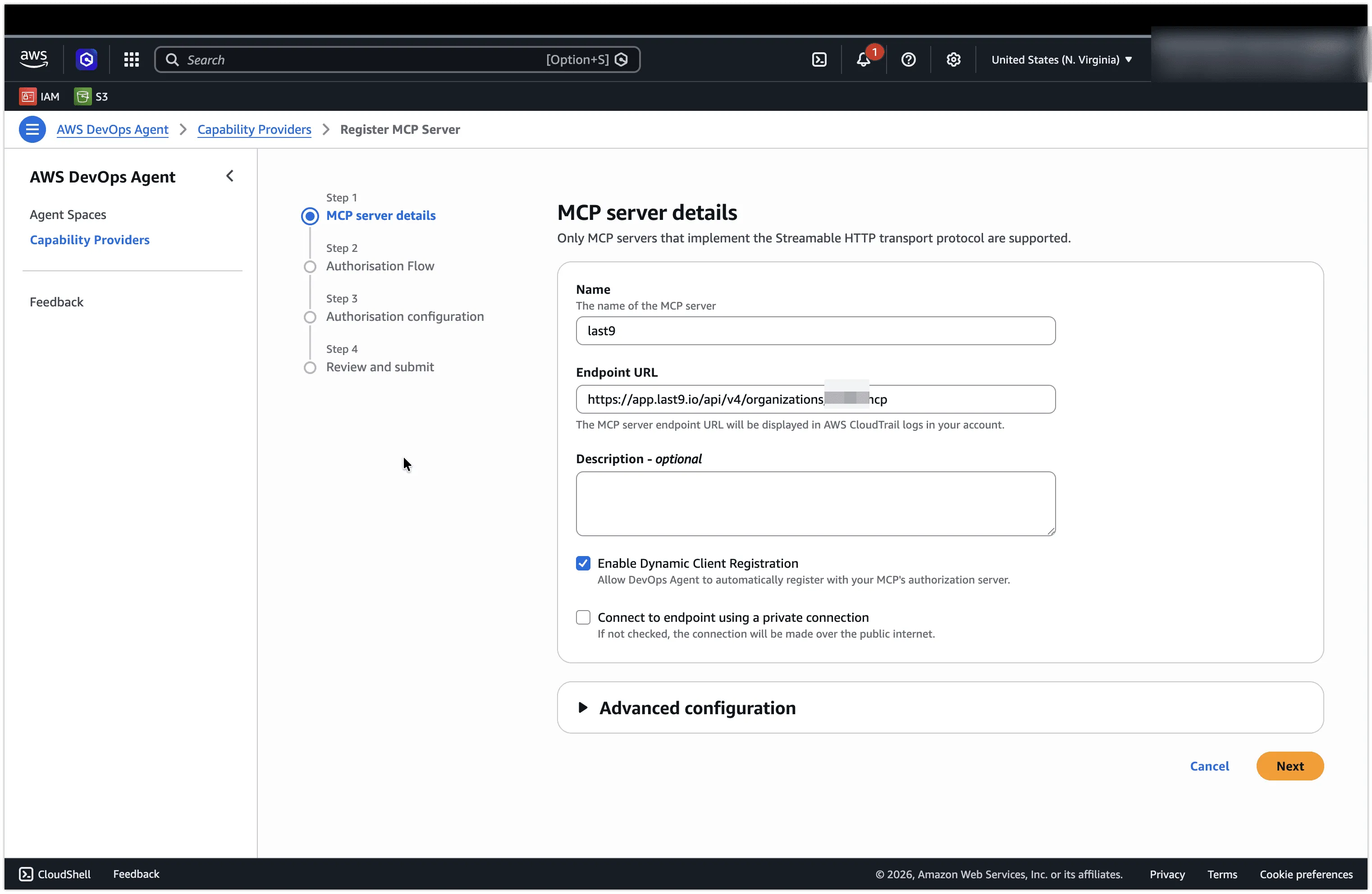 Step 1 MCP server details form filled with Name last9, the Last9 hosted endpoint URL, and Enable Dynamic Client Registration checked
