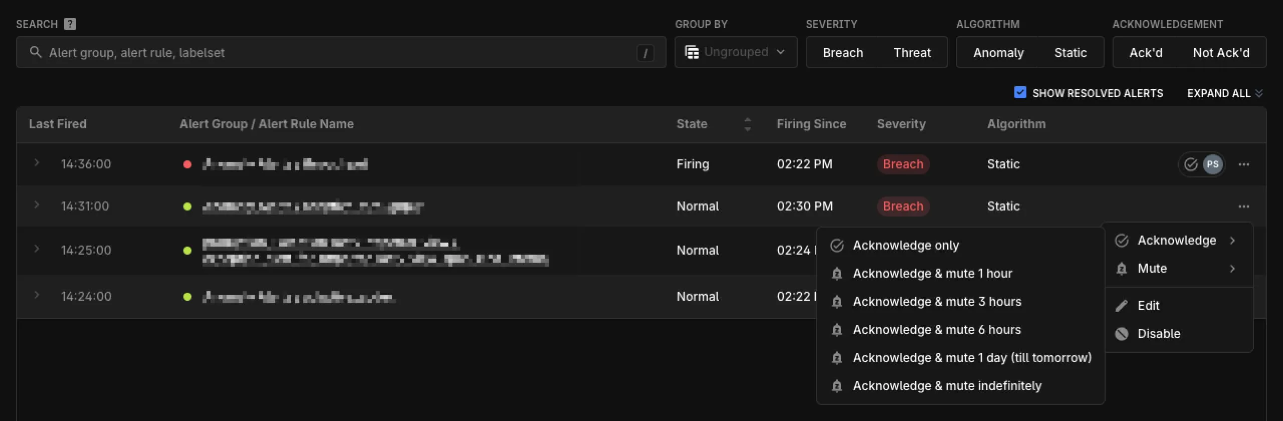 The Acknowledge options in the actions menu of an alert row
