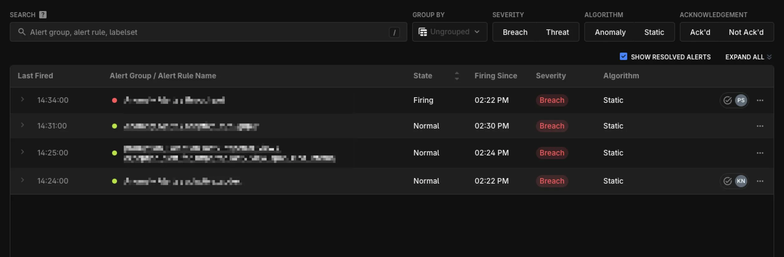 Owner avatars on acknowledged alert rows