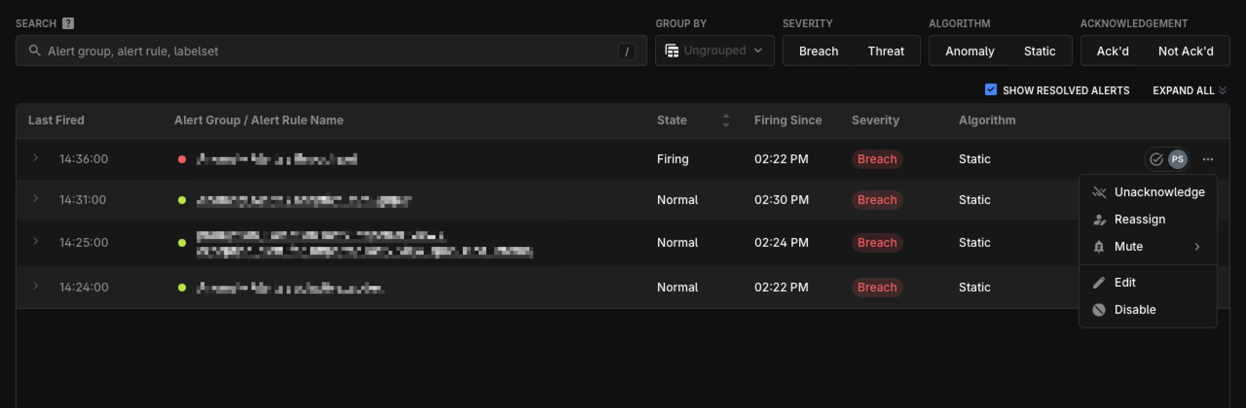 Unacknowledge, Reassign, and Mute in the menu of an acknowledged row