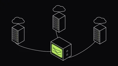 Isometric line drawing of three server racks, each under a cloud outline, cabled into one monitor whose lime screen shows three lines on one chart